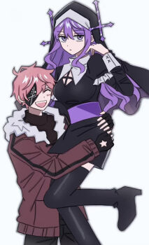 1boy 1girl :d ^_^ ahoge alternate_eye_color alternate_hair_color belt black_boots black_dress black_gloves black_pants black_sweater black_veil boots breasts carrying carrying_person closed_eyes closed_mouth clothing_cutout commentary_request cowboy_shot cross double-parted_bangs dress expressionless eyepatch fangs fingerless_gloves foot_out_of_frame friday_night_funkin&#039; frilled_sleeves frills fur-trimmed_jacket fur_trim gloves hair_between_eyes hand_up high_heel_boots high_heels humanization jacket jitome juliet_sleeves kokococo924 long_hair long_sleeves looking_at_viewer medium_breasts nun one_eye_covered open_clothes open_jacket open_mouth pants pencil_dress personality_switch pink_hair puffy_sleeves purple_belt purple_eyes purple_hair red_jacket ruvyzvat_(friday_night_funkin&#039;) sarvente_(friday_night_funkin&#039;) short_dress short_hair simple_background smile standing standing_on_one_leg star_(symbol) star_cutout sweater teeth thigh_boots thighhighs turtleneck turtleneck_sweater upper_teeth_only upturned_eyes veil very_long_hair very_short_hair wavy_hair white_background zettai_ryouiki