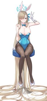 1girl absurdly_long_hair absurdres animal_ears aqua_leotard asuna_(blue_archive) asuna_(bunny)_(blue_archive) asymmetrical_bangs bar_stool black_pantyhose blue_archive blue_bow blue_bowtie blue_eyes blue_leotard bow bowtie breasts detached_collar fake_animal_ears gloves hair_over_one_eye hairband halo highleg highleg_leotard highres large_breasts leotard light_brown_hair long_hair looking_at_viewer mole mole_on_breast official_alternate_costume pantyhose playboy_bunny profnote rabbit_ears sitting smile solo stool strapless strapless_leotard thighband_pantyhose traditional_bowtie v very_long_hair white_gloves white_hairband