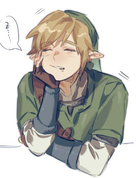 1boy brown_gloves brown_hair closed_eyes drooling earrings fingerless_gloves gloves green_hat green_tunic hat highres jewelry link male_focus mouth_drool nintendo pointy_ears short_hair simple_background sleepy solo speech_bubble sumooo_(ga_ilil) the_legend_of_zelda the_legend_of_zelda:_skyward_sword translation_request tunic upper_body white_background