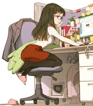 1girl arm_support ass beige_sweater black_pantyhose blazer blunt_ends book brown_eyes brown_hair cable chair commentary computer computer_mouse computer_tower corded_phone cubicle cup desk disposable_cup drinking_straw english_commentary glasses hand_fan head_rest highres indoors jacket leaning_forward long_hair long_sleeves looking_ahead looking_away looking_to_the_side miniskirt monitor mug office_chair office_lady office_lady_taiwan orange_skirt original pantyhose partition pencil_skirt phone pink_slippers plant profile ribbed_sweater sideways_mouth single_slipper sitting skirt slippers solo sticky_note stuffed_animal stuffed_toy succulent_plant sweater sweater_tucked_in swivel_chair tennohi toe_scrunch unworn_jacket
