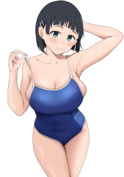 1girl aqua_eyes arm_behind_head black_hair blue_one-piece_swimsuit bob_cut breasts cleavage closed_mouth collarbone covered_navel hair_ornament hairclip highres id1ym kirigaya_suguha large_breasts lifting_own_clothes looking_at_viewer one-piece_swimsuit school_swimsuit short_hair sideboob smile solo strap_lift swimsuit sword_art_online teasing white_background