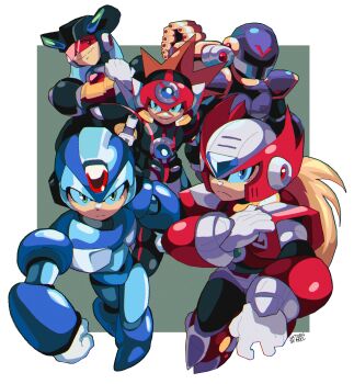 5boys absurdres armor axl_(mega_man) black_armor black_helmet blonde_hair blue_armor blue_eyes blue_helmet border chest_jewel dragon_ball dragon_ball_super dynamo_(mega_man) forehead_jewel full_body green_background green_eyes helmet highres long_hair mega_man_(series) mega_man_x_(series) multiple_boys purple_armor purple_helmet red_armor red_helmet saturnserkel simple_background vile_(mega_man) white_border x_(mega_man) zero_(mega_man)