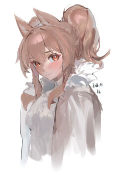 1girl absurdres alternate_costume alternate_hairstyle angelina_(arknights) animal_ears arknights brown_hair commentary cropped_torso dated english_commentary fox_ears fox_girl fur-trimmed_jacket fur_trim high_ponytail highres jacket light_blush light_smile long_hair long_sidelocks looking_at_viewer mkrk_mikaerukung open_clothes open_jacket orange_eyes ponytail shirt sidelocks simple_background solo turtleneck turtleneck_shirt upper_body white_background white_jacket white_shirt