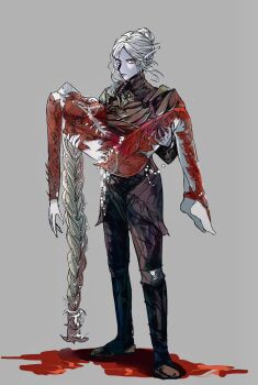 Rule 34 | 2girls, armor, baldur's gate, baldur's gate 3, barefoot, black footwear, black pants, blonde hair, blood, blood on ground, bodysuit, boots, braid, breastplate, carrying, clothing cutout, colored skin, commentary, crutch c, detached sleeves, dungeons & dragons, elf, english commentary, from side, full body, grey background, grey skin, hair bun, head back, highres, hip vent, knee boots, long hair, looking at viewer, minthara, multiple girls, orin the red, pants, pauldrons, pointy ears, princess carry, red bodysuit, red eyes, serious, short hair, shoulder armor, simple background, single braid, single hair bun, standing, white hair, white skin