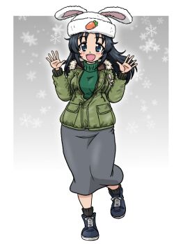 1girl animal_ears black_hair blue_eyes blush breasts commentary_request fake_animal_ears freckles full_body girls_und_panzer grey_skirt hat large_breasts long_hair looking_at_viewer open_mouth rabbit_ears skirt smile solo takahashi_kurage yamagou_ayumi