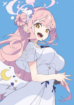 1girl blue_archive blue_background breasts brown_eyes commentary dress flower hair_bun hair_flower hair_ornament halo highres large_breasts long_hair looking_at_viewer mika_(blue_archive) open_mouth own_hands_together pink_hair purple_flower scrunchie short_sleeves simple_background solo steepled_fingers ushiki_yoshitaka very_long_hair white_dress wing_ornament wings wrist_scrunchie