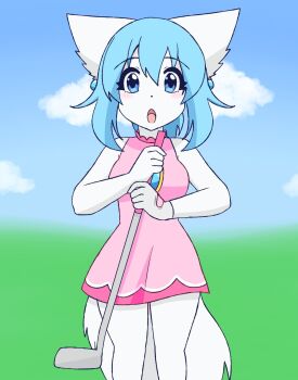 Rule 34 | 1girl, :o, animal ears, bare arms, bare shoulders, blue eyes, blue hair, colored skin, commentary, cosplay, dot nose, dress, english commentary, facing viewer, golf club, grass, highres, indie virtual youtuber, mario (series), mario golf, nintendo, pink dress, ponytail, princess peach, princess peach (cosplay), sky, tail, thick eyelashes, thighs, virtual youtuber, wolf ears, wolf girl, wolf tail, wolfychu, wolfychu (artist)