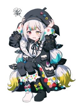 1girl asymmetrical_footwear black_bow black_dress black_hat black_pantyhose black_ribbon blue_bow blue_hair blunt_bangs blush boots bow coat double-parted_bangs dress full_body green_bow green_hair hair_ribbon hands_on_headwear hat hat_pin heterochromia highres jogasaki_noah knee_boots long_hair long_sleeves mahou_shoujo_no_majo_saiban migolu mismatched_footwear multicolored_hair neck_ribbon open_clothes open_coat open_mouth orange_hair pantyhose picket red_bow red_eyes ribbon sidelocks simple_background sitting sleeve_bow solo squiggle streaked_hair sweat white_background white_hair yellow_bow yellow_eyes