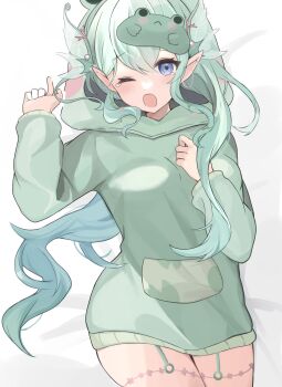 1girl animal_hood blue_eyes commentary_request commission etoria fins frog_hood green_hair green_hoodie head_fins highres hood hoodie indie_virtual_youtuber long_hair long_sleeves looking_at_viewer one_eye_closed open_mouth pointy_ears skeb_commission sleep_mask solo virtual_youtuber yawning