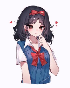 Rule 34 | 1girl, apple earrings, black hair, blush, bow, bow hairband, bowtie, bunbbyart, collared shirt, commentary, cropped torso, ear piercing, earrings, english commentary, fang, fang out, food-themed earrings, food themed earrings, hairband, hand up, heart, highres, jewelry, looking at viewer, medium hair, piercing, red eyes, school uniform, shirt, short sleeves, skin fang, smile, snow white (disney), snow white and the seven dwarfs (disney), solo, sweater vest