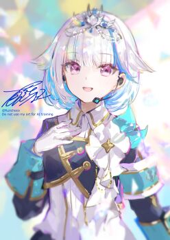 1girl absurdres blue_hair collared_shirt colored_inner_hair commentary_request confetti fuzichoco gloves highres lize_helesta looking_at_viewer microphone multicolored_hair nijisanji nijisanji_idol_uniform official_artist_extra partial_commentary purple_eyes shirt signature sleeve_cuffs solo streaked_hair tiara two-tone_hair virtual_youtuber watermark white_gloves white_hair