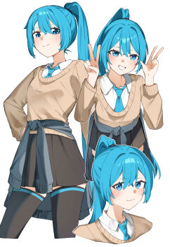 1girl absurdres alternate_costume black_skirt black_thighhighs blue_eyes blue_hair blue_necktie brown_sweater clothes_around_waist collared_shirt commentary hands_up hatsune_miku high_ponytail highres jacket jacket_around_waist long_hair multiple_views necktie nun178089 ponytail school_uniform shirt simple_background skirt smile solo sweater thighhighs v vocaloid w white_background white_shirt