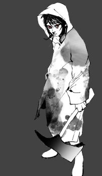 1boy abaddon_(haunted_hotel) axe blood blood_on_clothes commentary_request grey_background haunted_hotel highres holding holding_axe hood hood_up hunched_over korean_commentary long_hair looking_at_viewer male_focus raincoat red_eyes rickorty_08 simple_background solo spot_color standing