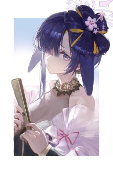 1girl absurdres animal_ears bare_shoulders blonde_hair blue_archive border breasts closed_mouth colored_inner_hair commentary_request detached_sleeves droopy_ears ears_down floppy_ears flower flower-shaped_hair folding_fan hair_flower hair_ornament hair_over_one_eye halo hand_fan highres holding holding_fan large_breasts lop_rabbit_ears meinoss multicolored_hair official_alternate_costume official_alternate_hairstyle outside_border pink_ribbon pink_sleeves portrait purple_eyes purple_hair purple_halo rabbit_ears rabbit_girl ribbon see-through_cleavage see-through_clothes see-through_shirt shirt sleeve_ribbon solo tsukuyo_(blue_archive) tsukuyo_(dress)_(blue_archive) white_border