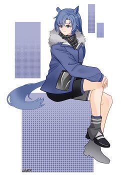 1girl absurdres animal_ears arknights black_scarf black_shorts blue_eyes blue_hair blue_jacket blue_tail chinese_commentary closed_mouth commentary_request fang_(arknights) fang_(cruciata)_(arknights) full_body fur-trimmed_jacket fur_trim hair_intakes halftone hand_on_own_knee highres invisible_chair jacket light_smile long_hair official_alternate_costume scarf shorts single_sleeve_past_wrist sitting solo south0347 tail