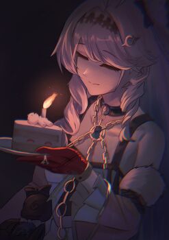 1girl absurdres bare_shoulders birthday_cake breasts cake cake_slice chain chromatic_aberration closed_eyes closed_mouth commentary_request denia_(wuthering_waves) detached_sleeves food gloves hair_ornament highres holding holding_cake holding_food long_hair pink_hair red_gloves ryotefu_illust small_breasts solo stuffed_toy upper_body wuthering_waves
