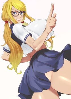 Rule 34 | 1girl, ass, blonde hair, blonde hair, blue eyes, blue legwear, breasts, curvy, glasses, highres, huge ass, huge breasts, ippo, legs, long hair, muscular, muscular female, official alternate costume, rainbow mika, school uniform, skirt, smile, solo, street fighter, street fighter v, thick thighs, thighs, twintails, very long hair