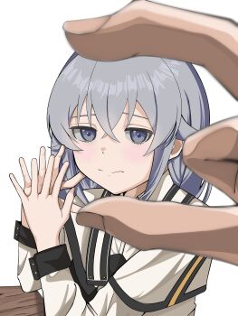 Rule 34 | 1other, alternate hair color, capelet, closed mouth, crossed bangs, frown, grey eyes, grey hair, highres, long hair, long sleeves, looking at viewer, manyu2525, mushoku tensei, own hands together, robe, roxy migurdia, sidelocks, simple background, solo focus, table, white background, white capelet, white robe