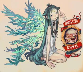 \n/ bandaid bandaid_on_face bandaid_on_forehead bangs_pinned_back barefoot burger disembodied_eye dress flat_chest food green_eyes green_hair green_wings hair_flaps highres long_hair mossacannibalis open_mouth organs ribbon saya_(saya_no_uta) saya_no_uta seiza simple_background sitting sleeveless sleeveless_dress very_long_hair white_dress wings