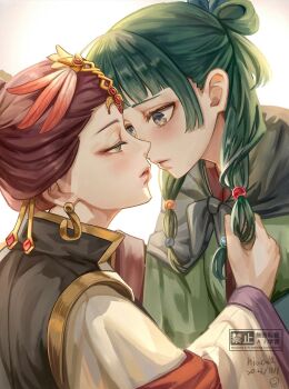 2girls artist_name backlighting beads blue_eyes blunt_bangs blush chinese_clothes commentary dated earrings eyelashes green_eyes green_hair green_hanfu green_robe hair_beads hair_ornament half-closed_eyes half_updo hanfu highres imminent_kiss jewelry kusuriya_no_hitorigoto lips long_hair looking_at_another loulan_(kusuriya_no_hitorigoto) maomao_(kusuriya_no_hitorigoto) multi-tied_hair multiple_girls niao_de parted_lips playing_with_another&#039;s_hair purple_hair robe signature simple_background white_robe yuri
