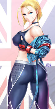 1girl ass ass_focus bare_shoulders black_leggings blonde_hair blue_eyes blue_jacket breasts cammy_white capcom cleavage collarbone cropped_jacket female_focus fingerless_gloves gloves grabbing_own_breast jacket large_breasts leggings scar scar_on_face solo st.germain-sal street_fighter street_fighter_6 zipper