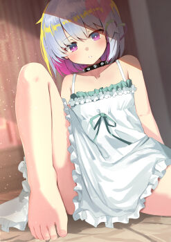 1girl absurdres barefoot black_choker blurry blurry_background blush bright_pupils choker collarbone colored_inner_hair commentary dohna_dohna_issho_ni_warui_koto_o_shiyou dress dutch_angle feet film_grain foot_out_of_frame frilled_dress frills grey_hair hair_ornament heart heart_hair_ornament highres indoors looking_at_viewer medium_hair multicolored_hair nodoameyatou porno_(dohna_dohna) purple_eyes purple_hair short_dress sleeveless sleeveless_dress solo spiked_choker spikes sundress toenails toes white_dress white_pupils