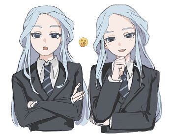 1boy black_jacket black_necktie collared_shirt emoji grey_hair highres inazuma_eleven_(series) inazuma_eleven_victory_road jacket long_hair looking_at_viewer male_focus multiple_views necktie qltaypd4xm62584 shirt shisendou_garyuu striped_necktie thinking_emoji upper_body white_shirt