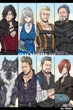 2girls 5boys absurdres artist_name beard belt black_belt black_border black_cloak black_gloves black_hair black_shirt black_vest blonde_hair blue_background blue_eyes blue_shirt border braid breasts brown_hair byron_rosfield cidolfus_telamon clive_rosfield cloak closed_mouth collared_shirt crossed_arms earrings facial_hair facial_scar final_fantasy final_fantasy_xvi furrowed_brow gav_(ff16) gloves grey_hair grin hair_over_one_eye hair_slicked_back highres jewelry jill_warrick lakugali_shiki long_hair medium_breasts messy_hair multiple_boys multiple_girls otto_(ff16) parted_lips portrait red_vest scar scar_across_eye scar_on_cheek scar_on_face shirt short_hair side_braid single_earring smile tarja_(ff16) teeth torgal_(ff16) upper_body vest white_shirt wolf yellow_eyes