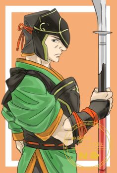 Rule 34 | 1boy, armor, black armor, fire emblem, fire emblem fates, green shirt, haitaka (fire emblem), holding, holding polearm, holding weapon, japanese armor, japanese clothes, looking at viewer, male focus, naginata, nintendo, orange background, polearm, shirt, solo, weapon, yomiko (61549392)