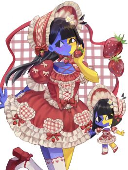 2girls alternate_costume black_eyes black_hair blue_skin blunt_bangs blunt_ends chibi chibi_inset colored_skin ena_(ena) ena_(series) ena_(species) ena_(web_series) floating_head food fruit happy_ena highres lolita_fashion long_hair low_poly multicolored_skin multiple_girls open_mouth sad_ena short_sleeves simple_background smile split-color_skin strawberry two-tone_skin usagimarumei yellow_skin