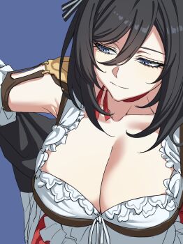 1girl animal_ears black_hair blue_eyes blurry blurry_background breasts cleavage eishin_flash_(meisterschaft)_(umamusume) eishin_flash_(umamusume) german_clothes hand_on_own_hip highres horse_ears horse_girl large_breasts lut01 short_hair solo umamusume upper_body