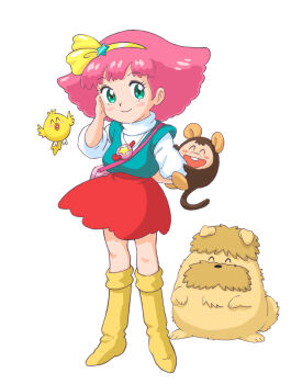 1girl ^_^ animal animal_on_arm aqua_tank_top bag bird boots bow bow_hairband closed_eyes closed_mouth commentary_request dog full_body green_eyes hairband hand_on_own_face hand_up highres knee_boots mahou_no_princess_minky_momo medium_hair minky_momo mizutani_kenta mocha_(minky_momo) monkey open_mouth pink_bag pink_hair pipiru_(minky_momo) red_skirt shindobukku_(minky_momo) shirt shoulder_bag skirt smile standing tank_top turtleneck turtleneck_shirt white_shirt yellow_boots yellow_bow yellow_hairband