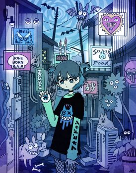 1girl absurdly_detailed_composition alley bat_(animal) black_collar black_shirt blue_hair blue_light blue_skirt blue_sky bone bug building candle collar colored_inner_hair complex_exterior denim denim_skirt disembodied_eye evening eyeball fishnets frown garouma green_shirt grey_hair highres holding holding_eyeball industrial_pipe lamp layered_sleeves long_sleeves multicolored_hair neon_sign original outdoors scene_fashion shirt short_hair short_over_long_sleeves short_sleeves short_twintails skirt sky snake solo spider t-shirt twintails