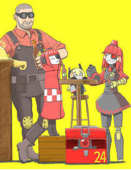 1boy 3girls :3 alarm_siren arm_cannon arm_rest bar_stool belt black_dress black_jacket black_overalls blonde_hair blunt_bangs boots borrowed_character bottle box brown_shoes checkered_clothes checkered_trim chibi cloak closed_mouth colored_skin commentary_request crosshair_pupils crossover dinergate_(girls&#039;_frontline) dress drinking drinking_straw engineer_(tf2) fewer_digits full_body girls&#039;_frontline gloves goggles grin hair_between_eyes hard_hat headgear height_difference helmet heterochromia highres holding holding_bottle icantdrawart in_box in_container jacket joints knee_pads long_hair long_sleeves looking_at_another m4_sopmod_ii_jr mimi-sentry_(flyingpiggles) mini-sentry-chan_(fizzywattr) multicolored_hair multiple_girls no_feet non-humanoid_robot one-eyed original overalls pale_skin personification red_cloak red_engineer_(tf2) red_eyes red_hair red_shirt robot robot_girl robot_joints sangvis_ferri sharp_teeth shaved_head shirt shoes simple_background single_glove sleeves_rolled_up smile standing standing_on_box stool streaked_hair table team_fortress_2 teeth toolbox unworn_headwear unworn_helmet utility_belt weapon white_skin wide_oval_eyes wrench yellow_background yellow_eyes yellow_gloves yellow_headwear
