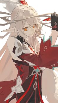 1girl absurdres alice_(genshin_impact) black_gloves blonde_hair cowlick detached_sleeves dress genshin_impact gloves hair_between_eyes highres long_hair looking_at_viewer lupinu5 open_mouth pointy_ears red_dress red_sleeves simple_background sketch smile very_long_hair white_background