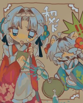 Rule 34 | 2girls, absurdres, animal ears, apron, blue flower, blue kimono, cat ears, cat girl, commentary, flower, grey hair, hair flower, hair intakes, hair ornament, highres, holding, holding pen, japanese clothes, kimono, long sleeves, looking at viewer, maid, maid apron, miruki (user vwfg2738), multiple girls, open mouth, original, pen, red flower, red kimono, spilling, wa maid, white apron