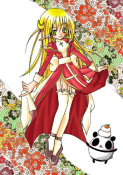 1girl 2000s_(style) back_bow blonde_hair blush bow brown_shoes closed_mouth commentary_request curtsey dress food full_body garter_straps green_eyes high_priest_(ragnarok_online) juliet_sleeves long_hair long_sleeves looking_at_viewer mochi orine3 pointy_ears puffy_sleeves ragnarok_online red_dress sash shoes smile solo stuffed_animal stuffed_panda stuffed_toy thighhighs two-tone_dress very_long_hair white_background white_bow white_dress white_sash white_thighhighs