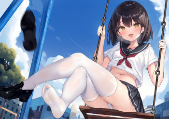 1girl black_shoes blue_sky breasts cloud cloudy_sky commentary_request crossed_bangs crossed_legs day dutch_angle eyelashes fang feet full_body hair_between_eyes hands_up highres holding legs loafers medium_hair miniskirt motion_blur navel neckerchief no_shoes ochinsama open_mouth original outdoors panties partially_visible_vulva pleated_skirt red_neckerchief right_shoe_removed school_uniform serafuku shiny_skin shoes short_sleeves sidelocks single_shoe sitting skirt sky small_breasts soles solo swing_set thighhighs thighs toes underwear white_panties white_thighhighs yellow_eyes