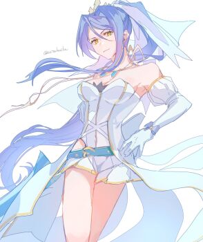 1girl azitsukeniku bare_shoulders blue_hair breasts cleavage detached_sleeves double-parted_bangs dress eiyuu_densetsu elbow_gloves floating_hair gloves hair_between_eyes highres large_breasts laura_s._arseid long_hair ponytail sen_no_kiseki sen_no_kiseki_(series) sen_no_kiseki_iv simple_background twitter_username veil very_long_hair white_background white_dress white_gloves wrist_bow yellow_eyes