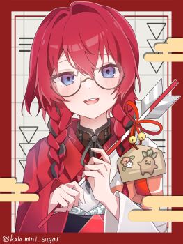 1girl ange_katrina ange_katrina_(new_year) arrow_(projectile) black_hair blue_eyes blush border braid brown-framed_eyewear commentary_request egasumi ema glasses gradient_eyes grey_background grid_background hair_between_eyes hair_intakes hair_over_shoulder hamaya hands_up head_tilt highres holding holding_arrow japanese_clothes kato_mint_sugar kimono long_bangs long_hair long_sleeves looking_at_viewer low_twin_braids mandragora_(ange_katrina) multicolored_eyes multicolored_hair new_year nijisanji open_mouth purple_eyes red_border red_hair red_kimono round_eyewear semi-rimless_eyewear smile solo straight-on streaked_hair teeth twin_braids twitter_username two-tone_hair upper_body upper_teeth_only virtual_youtuber white_kimono