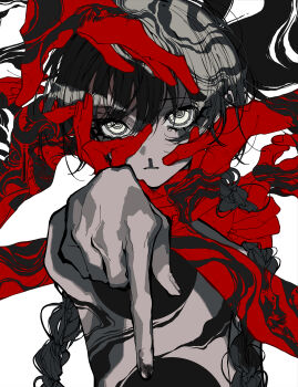 ambiguous_gender blood braid colored_extremities grabbing_another&#039;s_hair greyscale hand_on_another&#039;s_head highres holding_another&#039;s_hair long_hair looking_at_viewer mochizuki_kei monochrome nosebleed open_mouth original pointing pointing_down twin_braids white_background