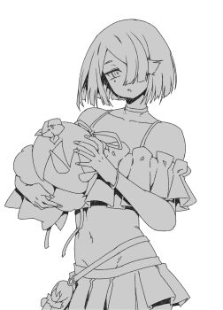 1girl bare_shoulders bikini breasts fate/grand_order fate_(series) frilled_bikini frills greyscale hair_over_one_eye highres lady_yu_doll looking_at_viewer minew miniskirt mole mole_under_eye monochrome navel short_hair skirt small_breasts solo stuffed_toy swimsuit xu_fu_(fate) xu_fu_(swimsuit_avenger)_(second_ascension)_(fate)