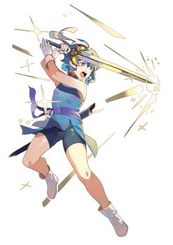1girl absurdres ahoge arms_up attack bare_legs belt bike_shorts blue_hair boots brooch child commission commissioner_upload earrings fire_emblem fire_emblem:_genealogy_of_the_holy_war gloves glowing glowing_weapon headband highres holding holding_sword holding_weapon if_they_mated jewelry larcei_(fire_emblem) nintendo open_mouth original pelvic_curtain purple_eyes seliph_(fire_emblem) sheath short_hair sidelocks simple_background sleeveless solo star_(symbol) sword tomboy tunic weapon white_background white_headband yusi_vishnu