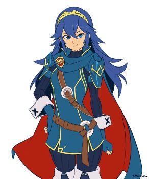 1girl absurdres armor belt blue_cape blue_eyes blue_gloves blue_hair brown_belt cape closed_mouth commentary english_commentary fingerless_gloves fire_emblem fire_emblem_awakening gloves grey_background hair_between_eyes hand_on_own_hip highres long_hair long_sleeves looking_at_viewer lucina_(fire_emblem) nintendo pauldrons red_cape shoulder_armor simple_background smgold smile solo sweater tiara turtleneck turtleneck_sweater two-tone_cape