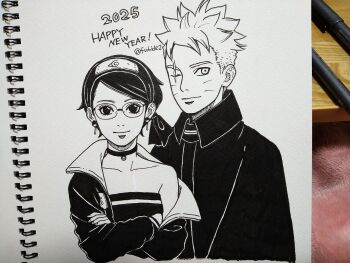 Rule 34 | 1boy, 1girl, 2025, art tools in frame, boruto: two blue vortex, choker, cloak, collarbone, collared cloak, commentary request, crossed arms, earrings, facial mark, forehead protector, glasses, hairband, happy new year, hatching (texture), highres, jacket, jewelry, marker (medium), matsu (fu6ide2), monochrome, naruto (series), new year, off shoulder, one eye closed, photo (medium), scar, scar across eye, scar on face, short hair, smile, strapless, traditional media, twitter username, uchiha sarada, uzumaki boruto, whisker markings