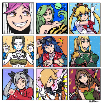 6+girls akairiot animal_crossing back_to_the_future bishoujo_senshi_sailor_moon black_hair blonde_hair blue_eyes blue_hair blue_sailor_collar blush boba_fett boba_fett_(cosplay) bow breasts brown_hair collage command_spell cosplay dhalsim dhalsim_(cosplay) dragon&#039;s_crown elf_(dragon&#039;s_crown) elf_(dragon&#039;s_crown)_(cosplay) fate/stay_night fate_(series) female_focus female_robin_(fire_emblem) fire_emblem fire_emblem_awakening glasses gloves green_eyes green_hair grey_eyes hair_ornament hair_over_one_eye helmet here&#039;s_johnny!_(meme) highres horns jewelry kid_icarus kid_icarus_uprising large_breasts long_hair looking_at_viewer lucina_(fire_emblem) lum lum_(cosplay) mario_(series) marty_mcfly marty_mcfly_(cosplay) medium_breasts meme mercy_(overwatch) mercy_(overwatch)_(cosplay) metroid multiple_girls necklace nintendo one_eye_closed open_mouth overwatch overwatch_1 palutena pink_hair pointy_ears ponytail princess_peach princess_zelda rosalina sailor_collar sailor_moon sailor_moon_(cosplay) samus_aran short_hair single_horn skull_necklace smile star_wars street_fighter sunglasses super_smash_bros. the_legend_of_zelda the_legend_of_zelda:_twilight_princess the_shining thumbs_up tohsaka_rin tohsaka_rin_(cosplay) twintails villager_(animal_crossing) watch white_hair wii_fit wii_fit_trainer wii_fit_trainer_(female) yellow_eyes