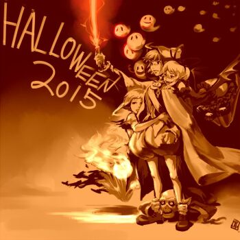 2boys 2girls closed_mouth frilled_thighhighs frills full_body garter_straps ghost gothic_lolita greyscale halloween hildegard_valentine jack-o&#039;-lantern johnny_garland katou_miyako lady_(shadow_hearts) lolita_fashion monochrome multiple_boys multiple_girls open_mouth ribbon roger_bacon shadow_hearts shadow_hearts_from_the_new_world short_hair smile thighhighs vampire