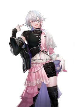 1boy absurdres androgynous black_shorts black_thighhighs blue_hair boots creature ear_piercing earrings eyelashes facing_viewer finger_gun finger_gun_to_head gavis_bettel gloves grey_hair hair_between_eyes hair_ornament hairpin half-skirt highres holostars holostars_english jewelry lace lace-up_boots lace_gloves looking_to_the_side male_focus multicolored_hair multiple_earrings multiple_hairpins multiple_rings one_eye_closed open_mouth phantom_(gavis_bettel) piercing pink_eyes pink_hair ring sekiikei short_hair shorts skindentation solo standing thigh_boots thighhighs tongue tongue_out torn_clothes trap virtual_youtuber visual_kei white_background