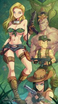 1girl 4boys abs absurdres android_16 android_17 android_18 angry bald bald_male biceps bikini black_eyes black_hair blonde_hair blue_eyes breasts brother_and_sister camouflage camouflage_bikini camouflage_jacket camouflage_pants camouflage_shorts cell_(dragon_ball) couple dragon_ball gun highres husband_and_wife jacket jammeryx jungle kuririn multiple_boys muscular muscular_male nature nervous_sweating nipples orange_hair pants pectorals predator_(series) serious shorts siblings sweat swimsuit thick_thighs thighs weapon