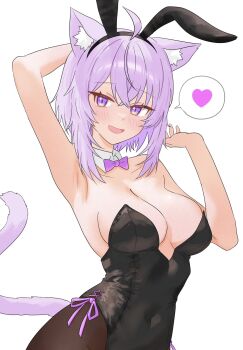 1girl alternate_costume animal_ear_fluff animal_ears armpits bare_shoulders black_leotard breasts cat_ears cat_girl cat_tail cleavage cowboy_shot fake_animal_ears heart highres hololive large_breasts leotard nekomata_okayu playboy_bunny rabbit_ears short_hair speech_bubble spoken_heart strapless strapless_leotard tail virtual_youtuber warg_game